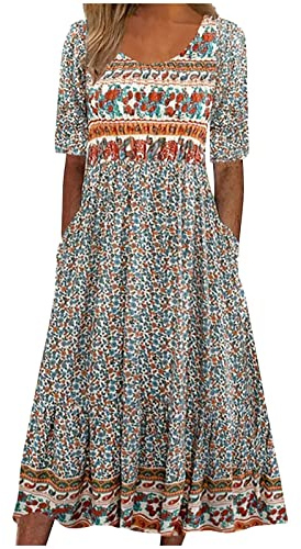 Boho Dresses for Women UK Ladies Fashion Sexy Short Sleeve with Pockets Round Neck Floral Print Dress Comfort Loose Fit Bohemian Midi Sundress Prom, Holiday and Beach Dresses