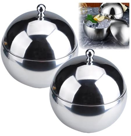 Seau à glace rond épais en acier inoxydable de 1 L, conserve la glace congelée plus longtemps, bac à glace avec poignée de réception for bar, restaurant, maison(2Pcs)