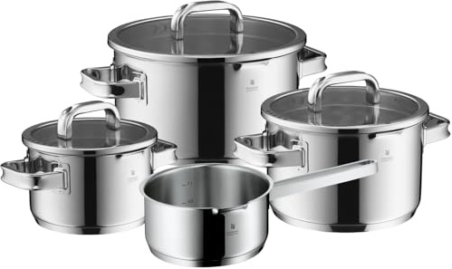 WMF Function 4 Advanced Topfset Induktion 4-teilig, Glasdeckel mit 4 Abgießfunktionen, Cromargan Edelstahl poliert, Induktionstöpfe, Innenskalierung, silber