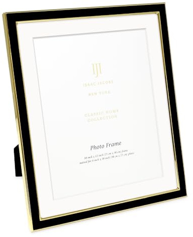 Isaac Jacobs 10x12 (Matted 8x10) Black Enamel Picture Frame with Gold Metal Edge and Easel, Tabletop Display, Wall Décor, Photo Gallery, (10x12 (Matted 8x10), Black with Gold)