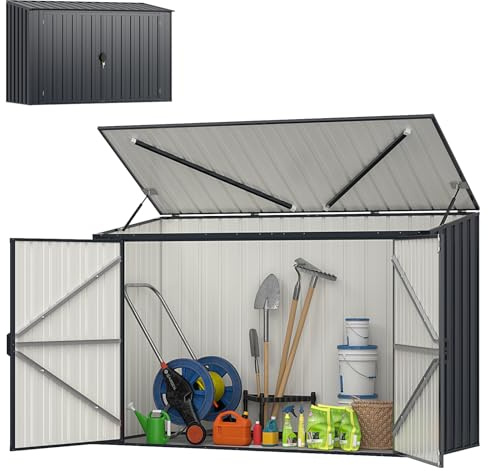 HOMASIS 2 x 120 L Caseta Metálica Galvanizado para Herramientas, Caseta de Jardín con Puerta Doble, Tapa Abatible y 2 Guantes, Resistente a la Intemperie, para Jardín y Contenedores de Basura, Gris
