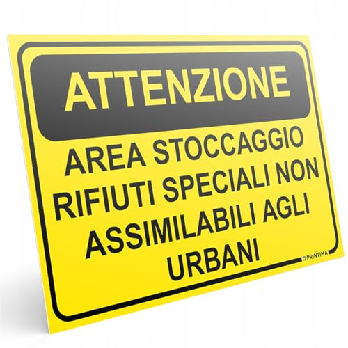 PRINTIMA Segnaletica informativa ATTENZIONE - AREA STOCCAGGIO RIFIUTI SPECIALI NON ASSIMILABILI AGLI URBANI in PVC 32x21 cm con set di montaggio incluso