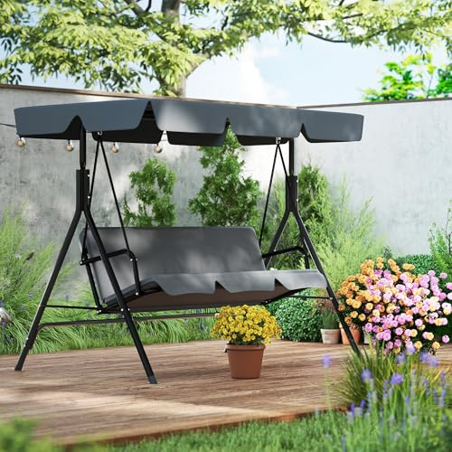 YEATHOR 3 Seater Garden Swing Chair with Adjustable Tilting Canopy, Soft Cushion, Steel Frame & Anti-Slip Feet Hammock Bench Seat for Outdoor Patio Porch Poolside, 176x110x152 cm Gray