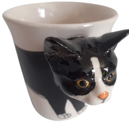 Katzen Tasse/Kaffee-Becher/Cat Mug/3D-Motiv/Keramik-Tasse-Katze schwarz weiss