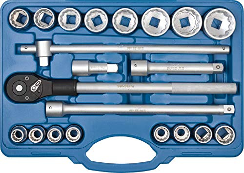 SW-Stahl 07663L Steckschlüsselsatz 3/4 Zoll - 21-tlg. Knarrenkasten Lkw | Profi-Nusskasten aus Chrom-Vanadium mit 24-Zahn Ratsche, 12-kant Einsätzen 19-50 mm und robustem Industriekoffer