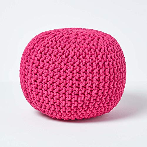 HOMESCAPES Pouf Rond tressé en Coton, Pouf Tricot Coloris Rose Fuchsia, 40x35 cm