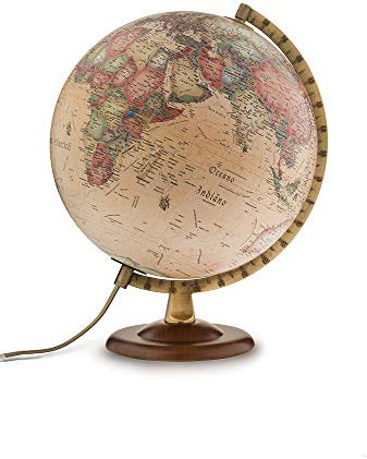 Tecnodidattica - Mappamondo Atmosphere A4, Luminoso, Girevole, Base in Legno di Faggio scurito e meridiano graduato in Metallo, cartografia Stile Antico, Diametro 30 cm