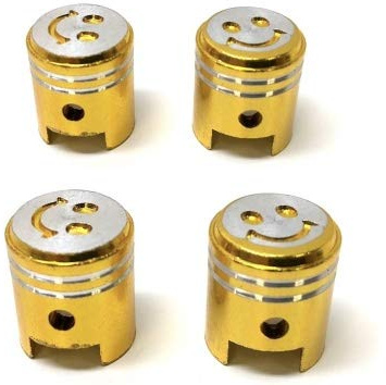 4X Kolben-Design Ventilkappen passend für PKW, Quad, ATV, Roller, Moped – Gold/Silber