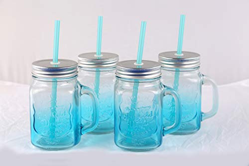 Blue Fading Mason Jam Jar Drinking Glasses with Handle, Lid & Straw 500ml - Gift Box Set of 4