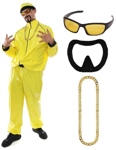 90s Celebrity Costume - Adults Yellow & Black Shell Suit + Matching Hat + Sunglasses + Gold Chain + Black Goatee - Funny Rapper Halloween Stag Do Fancy Dress Costume (Size: Small)