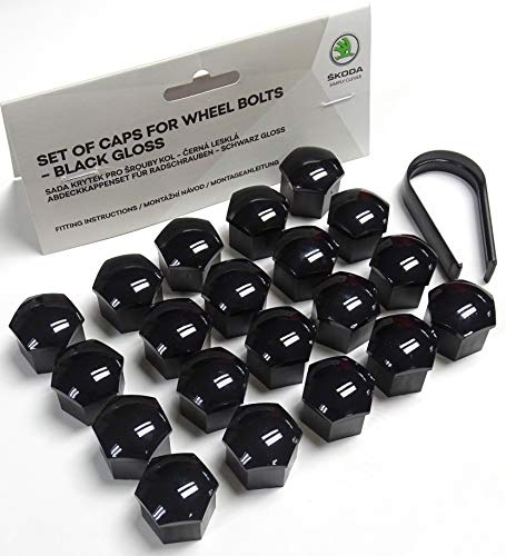 Skoda Genuine Alloy Wheel Bolt Nut Caps Covers 17mm Bolt Caps (Black Gloss x20)