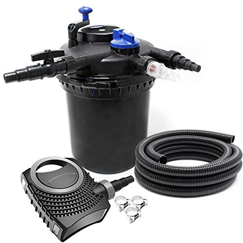 SunSun Komplettset: CPF-10000 Teichdruckfilter bis 10000 L mit 11 Watt UV-C Teichklärer, NEO10000 SuperECO Teichpumpe 10000l/h 80W, 10m Teichschlauch 38 mm (1 1/2), Schlauchschellen W1 44-47mm