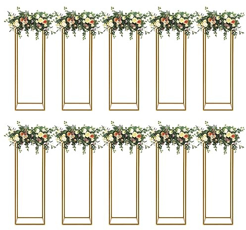 Gdrasuya10 23inch/60cm 10Pcs Gold Flower Stand for Centerpieces,Gold Vase Metal Column Stand,Wedding Flower Stand Tall, Rectangular Frame Flower Stand Geometric Stand for Wedding Party Decoration