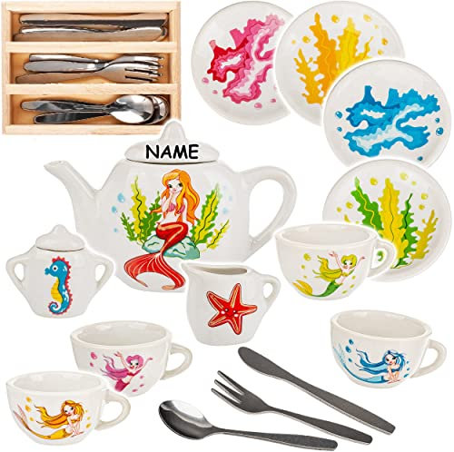 alles-meine.de GmbH 26 TLG. Set Puppengeschirr/Teeservice & Kaffeeservice - Meerjungfrau - Nixe & Fische - inkl. Name - Geschirr Porzellan/Keramik - Porzellangeschirr - Kin..