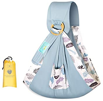 SONARIN Echarpe de Portage,Coton Doux Porte-bébé Bébé Sling Écharpe Porte Bébé Couverture d'Allaitement avec Anneaux Réglables pour Nouveau-né Bébé Tout-petit jusqu'à 15 kg(Feuille Bleue)