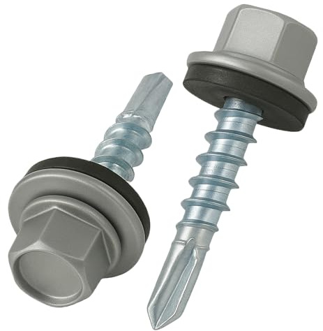 4.8 mm x 35 mm Takskruvar, Sexkantshuvud Självborrande Flerfärgad (RAL 9007 Grey Aluminium) Skruvar med EPDM-förseglad Bricka, Rostsäker Zinkpläterad Härdad Grov Gänga Skruv (50 stycken)