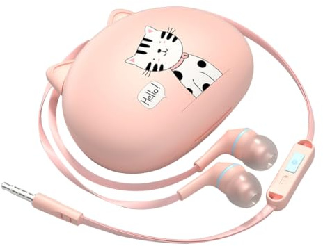 UKCOCO Écouteurs Filaires Enfant Rose avec Étui Chat, Jack 3,5 mm, Micro Intégré, Confort Crochet Oreilles, Anti-Nœuds Voyage, Cadeau Fille Garçon École