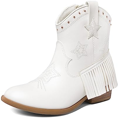 DREAM PAIRS Stivali Western Bambina Frange | Eco-pelle, ricami a stella, frange, fodera morbida, cerniera interna, suola TPR per equitazione.