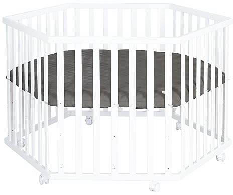 roba Laufgitter 6-eckig aus Holz weiß - Laufstall für Babys mobil mit Rollen & Schutzeinlage Graphite gesteppt aus veganem Leder - Schutzgitter höhenverstellbar