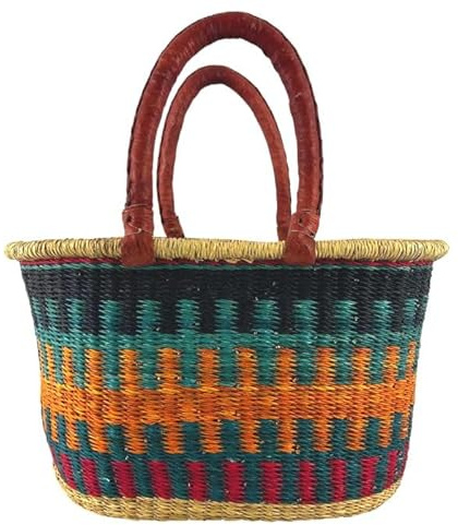 Bolga Korb Afrika - Das Original aus Ghana - Bunt - Fair Trade - Oval - Viele Farben - Afrikanischer Graskorb mit Ledergriff - Flechtkorb 30-40 cm - Ovaler Korb mit Wunschdesign (Suhum)