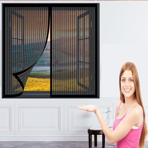 Fliegenschutzgitter für Fenster 148 x 158 cm Fliegengitter für Fenster Kein Bohren Kinderleichte Montage Magnet Fliegengitter für Alle Universalfenster, Schwarz