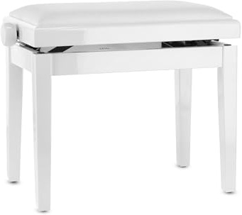GEWA Pianobank Deluxe Vinyl - Weiß Hochglanz- Massivholz - Vinyl Sitzbezug - 52x30cm Sitzfläche - Höhenverstellbar - Hochfeste Fixierung - 2t Bruchlast
