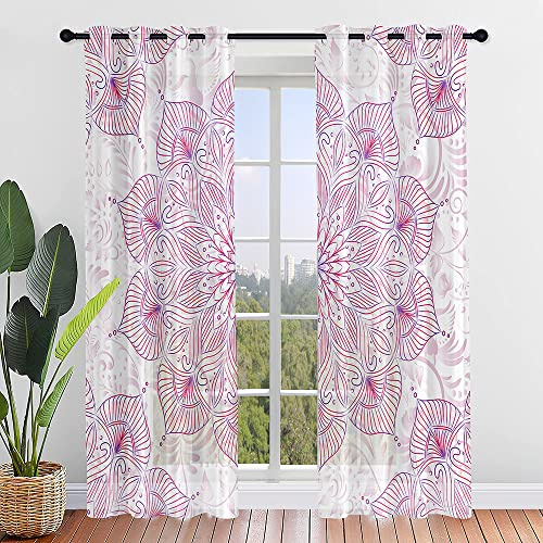 Odot 2er Set Voile Vorhänge Sheer Vorhang mit Ösen, 3D Buntes Mandala-Totem Druck Transparent Gardinen Ösenschal für Wohnzimmer, Schlafzimmer, Sonnenlichtfilterung (140x275cm,Hell-Pink)