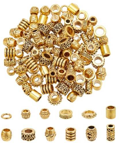 NBEADS 120 Stück Tibetan Style Haar Perlen, Gold Metallperlen mit verschiedenen Mustern und Formen, Ideal für Haar Zöpfe, Haarschmuck, Armband, Halskette und mehr