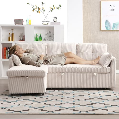 YESGIGA Multifunktionales Schlafsofa mit Stauraum und ausziehbarem Bett, Chaiselongue-Wechselsofa, modulares L-Sofa (Beige)