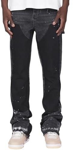MASUCOR Y2k Jeans da Uomo Micro Flare Jeans Moda Schizzi D'inchiostro Patchwork Pantaloni in Denim a Gamba Dritta Primavera Estate Autunno Inverno Pantaloni Casual con Tasche(Black,M)