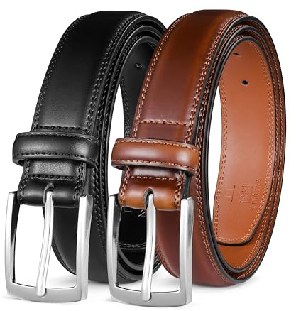 MILORDE Men's Leather Dress Belt 2Pack, Handmade, 100% Cow Leather, Fashion & Classic Designs for Work Business and Casual (2pack-Black101/Brown103,36)
