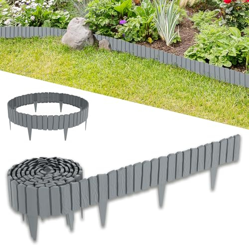 MAYTIIMO Holzoptik Beetbegrenzung, Korrosionsbeständige Beetumrandung, Rasenkante aus PP Kunststoff, Gartenpalisade ideal zur Unterteilung von Innenhof und Gemüsegarten, Grau - 4,6 m(8 Stück)