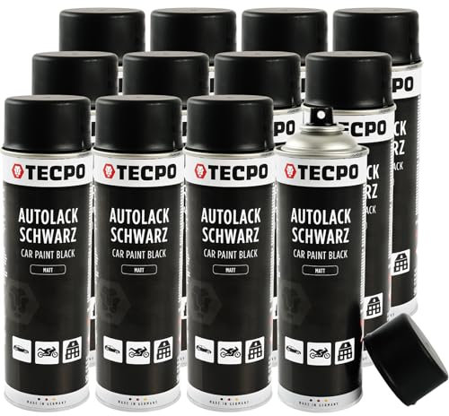 TECPO Lackspray schwarz matt, 12x 500ml Autolack Rallyschwarz Sprühlack Farbspray mit hoher Deckkraft für Innen- und Außenbereich