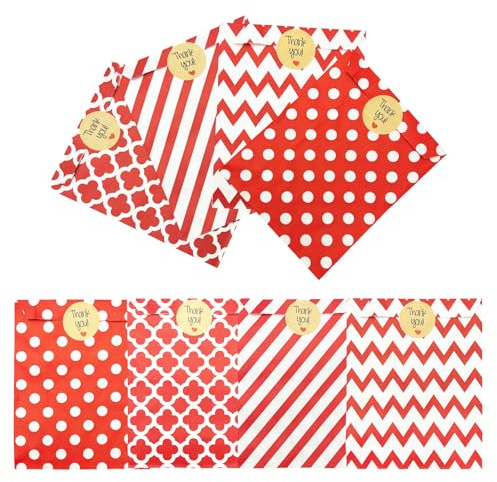 Bliceon 100 Stück rote Geschenktüten – 4 Stile mit Aufklebern für Kekse, Leckereien, Süßigkeiten, Süßigkeiten und Lebensmittel – kleine umweltfreundliche rote Papiertüten für Geburtstage, Partys und