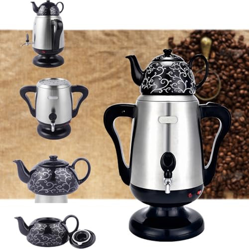 Cafetera turca eléctrica, con función de mantener caliente, olla de acero inoxidable de 4 litros y taza de té de cerámica de 1 litro, cafetera de pavo, con mango anti escaldaduras, juego de tetera