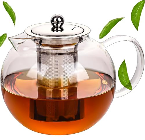 CRYSTALIA Teiera in vetro borosilicato trasparente di alta qualità con infusore, 1300 ml, 100% senza piombo, resistente al calore, infusore per tè sfuso, teiera alle erbe, bollitore per tè alla