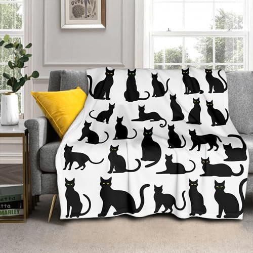 Schwarze Katzendecke, weiches Flanell, leicht, Kätzchen, Katzen, Tiere, Überwurf, Decke, gemütlich, warm, für alle Jahreszeiten, Wohnzimmer-Dekoration für Kinder, Erwachsene, Katzenliebhaber,