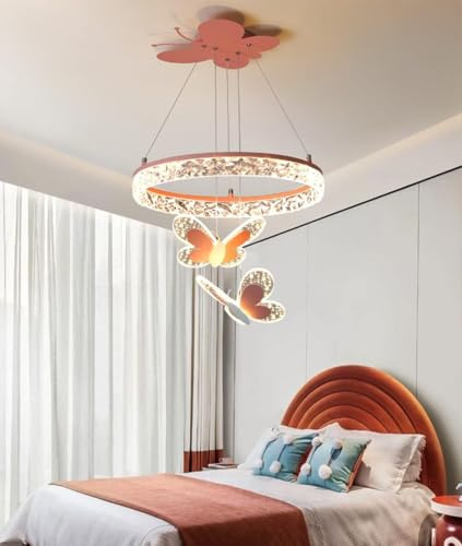 Pendellampe LED Kinderzimmerlamp Pendelleuchte 50cm Rund Kristall Hängelampe Dimmbar mit Fernbedienung Schlafzimmerlampe Rosa Hängeleuchte Mädchenzimmer Wohnzimmer Schmetterling Dekoration Deckenlamp