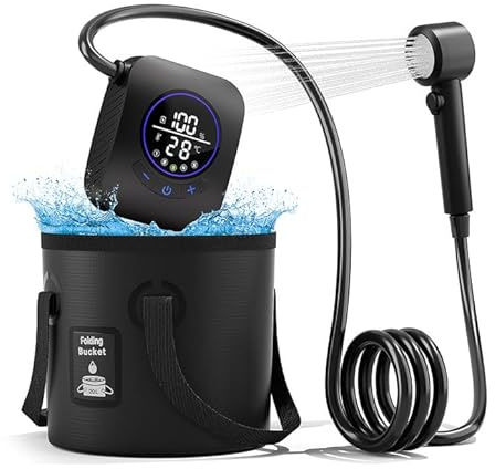 Portable Shower for Camping, 8000mAh Rechargeable Camping Shower Pump, 5 Shower Modes & IPX8 Waterproof, 5 Gallons Foldable Bucket, Outdoor Shower for Hiking, Travel, Car, Pet, Beach, RV, Boat - Black
