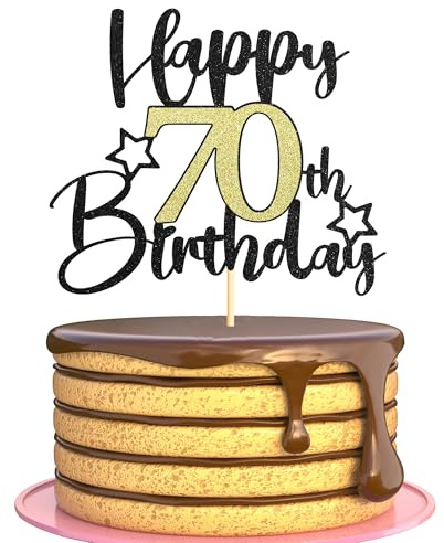 Sotpot 1 Pack 70th Birthday Cake Topper Star Pattern Black Gold Glitter Cake Pick Cake Decoration for 70th Milestone Birthday Theme Party Supplies