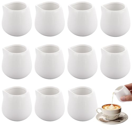 YAYODS 12Pcs Small Milk Jug, 110ml Ceramic Milk Jug, White Gravy Jug Sauce Pots, Sugar Pot, Mini Milk Pouring Jug for offee Milk Tea Sauces, Suitable for Home Kitchen Office Coffee Bar