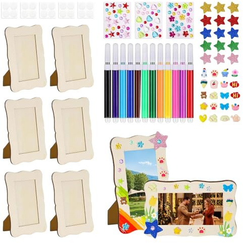 Bilderrahmen Holz Set ,6 Stück Holzbilderrahmen zum Bemalen, DIY Bastelset Bemalen Kinder mit 12 Wasserfarben, Glitzersteinen & 3D-Stickern