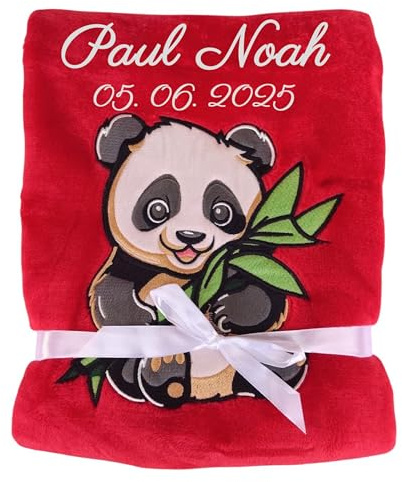 Wuff-Dogsworld Babydecke mit Namen und Geburtsdatum individuell Bestickt, personalisierte Kuscheldecke, viele Motive & Farben, Geschenk zur Geburt für Mädchen & Jungen (rot Panda)