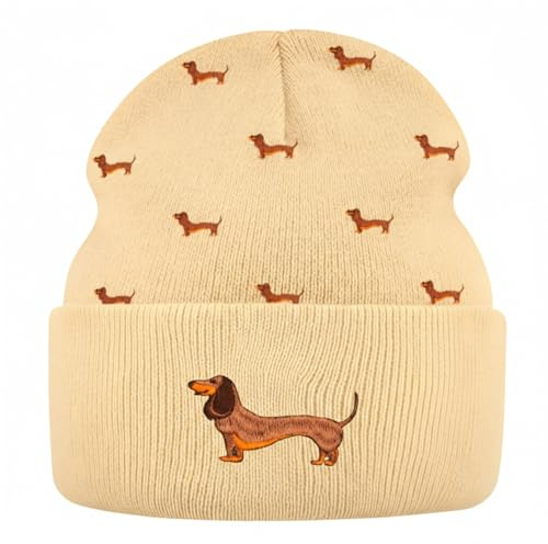 Geyoga Dackel Strickmütze Beanie Wintermütze Winter Dackel Fischermütze Fisherman Beanie Warme Mütze Bestickte Jäger Geschenke Damen Herren