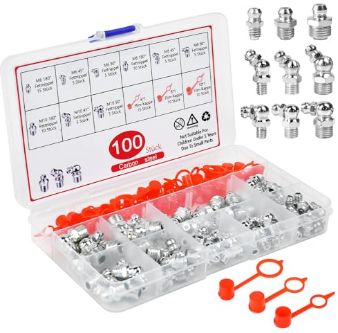 ASOUUNLD 100 Piezas Surtido de Engrasadores, Engrasadores M6 M8 M10 Surtido de Rácores de Engrase Métricas Recto y ángulo de 45° 90° 180° con Sombrero Antipolvo para Prensas de Engrase