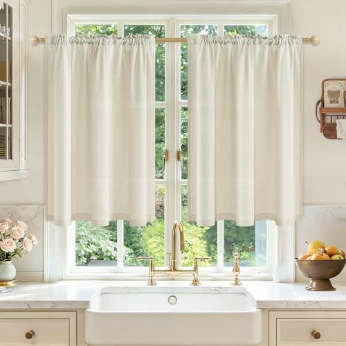 MRTREES Fönstergardiner moderna beige linneutseende halvtransparent kök vardagsrum bistrogardin set om 2, köksgardiner kort lantlig stil för köksfönster små fönster, H 60 x B 120 cm