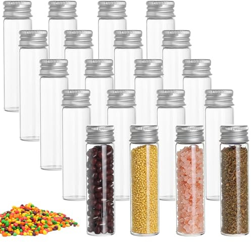 AIOUHMYM 20 Piezas 20 ml Probetas Vidrio, tubo ensayo con tapones, probetas cristal transparentes con tapón de rosca para flores y especias