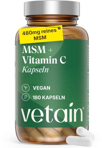 VETAIN MSM 1800mg + 300mg Vitamin C - 180 Kapseln - hochdosiertes Methylsulfonylmethan - vegan & ohne Zusätze - produziert in Deutschland