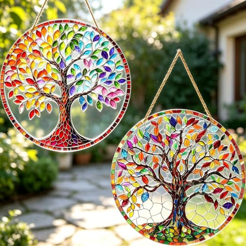 Samyosaien 2-Pack Tree of Life Garden Wall Decorations, Outdoor Round Wall Art Hanging Ornaments for Patio, Fence, Yard - Weatherproof Acrylic
