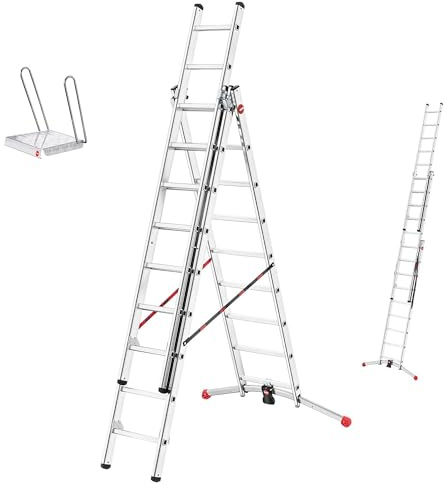 Hailo S95 HobbyLOT Kombileiter 3x9 Sprossen inkl Einhängetritt Alu 598 cm | vergrößerte Standfläche durch Einhängetritt, gleicht Unebenheiten bis 10 cm aus, verstaubar in Keller oder Garage